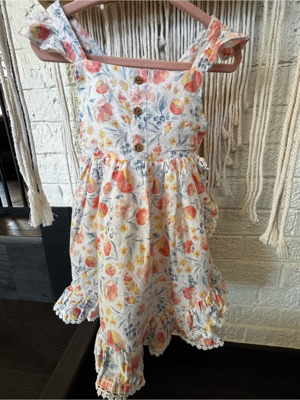 Tommy Bahama Girls Floral Ruffle Sundress - White with Coral & Yellow Print